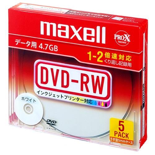 マクセル　データ用ＤＶＤ－ＲＷ　４.７ＧＢ　ホワイトプリンタブル　５ｍｍスリムケース　ＤＲＷ４７ＰＷＢ.Ｓ１Ｐ５Ｓ　Ａ　１パック（５枚）1