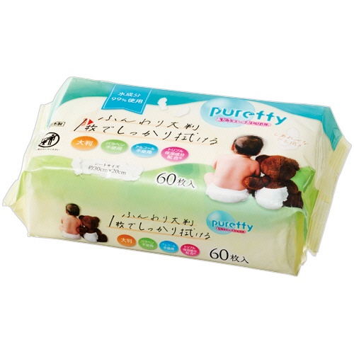 昭和紙工　ｐｕｒｅｆｆｙ　ふんわり大判１枚でしっかりふけるおしりふき　１パック（１２０枚：６０枚×２個）2