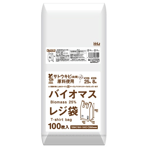 ハウスホールドジャパン　バイオマス配合２５％レジ袋　白　西日本２５号／東日本８号　ヨコ２５０（マチ１００）×タテ３５０×厚み０．０１１ｍｍ　ＴＵ２５　１パック（１００枚）1