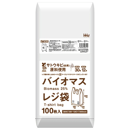 ハウスホールドジャパン　バイオマス配合２５％レジ袋　白　西日本３０号／東日本１２号　ヨコ３００（マチ１２０）×タテ４００×厚み０．０１３ｍｍ　ＴＵ３０　１パック（１００枚）1