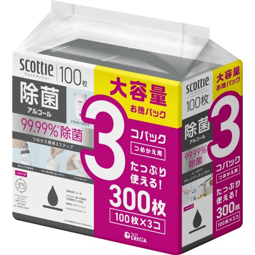 日本製紙クレシア　スコッティ　ウェットティシュー　除菌　アルコールタイプ　つめかえ用　１パック（３００枚：１００枚×３個）1