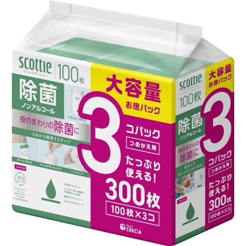 日本製紙クレシア　スコッティ　ウェットティシュー　除菌　ノンアルコールタイプ　つめかえ用　１パック（３００枚：１００枚×３個）1