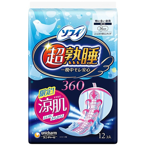 ユニ・チャーム　ソフィ　超熟睡ガード涼肌　特に多い夜用３６０　羽つき　３６ｃｍ　１パック（１２枚）1