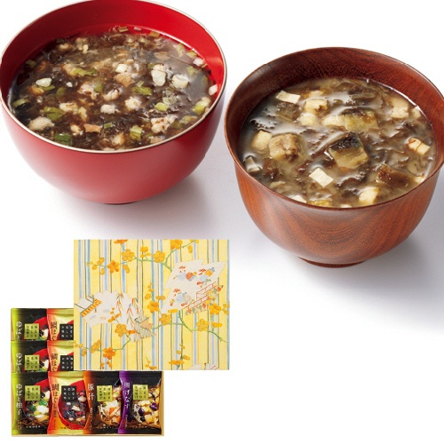 東京国立博物館　限定ギフト　山本海苔店　小袖　淡黄縮緬地縞島取梅枝模様　海苔を楽しむお味噌汁・お吸物詰合せ　【三越のお中元】　１セット1