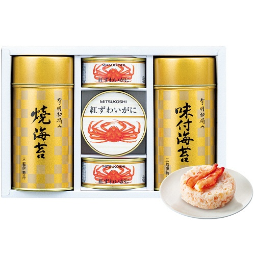 三越　国産紅ずわいがに缶詰・三越伊勢丹　有明初摘み　御海苔詰合せ　【三越のお中元】　１セット1