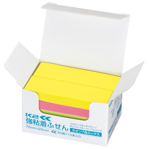 コクヨ　強粘着ふせん＜Ｋ２＞　７５×２５ｍｍ　ネオンカラー７色　Ｋ２メ－ＫＮ７５２５Ｘ１０　１パック（１０冊）2