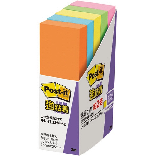 ３Ｍ　ポスト・イット　強粘着ふせん　７５×２５ｍｍ　ネオンカラー５色　５００－５ＳＳＡＮ　１パック（５冊）1
