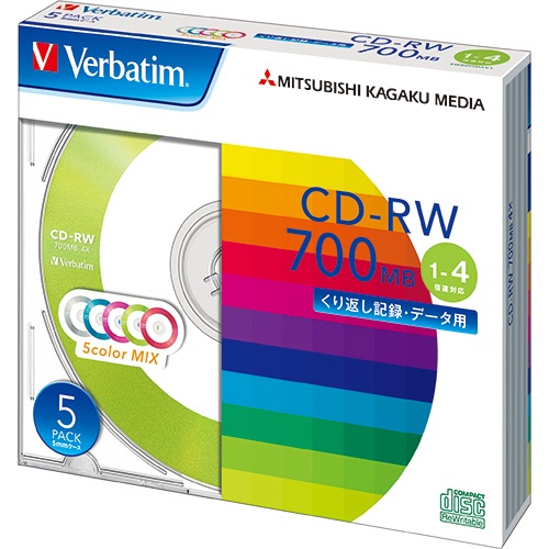 バーベイタム　データ用ＣＤ－ＲＷ　７００ＭＢ　４倍速　５色カラーＭＩＸ　５ｍｍスリムケース　ＳＷ８０ＱＭ５Ｖ１　１パック（５枚）1