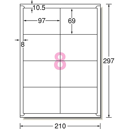 エーワン　ラベルシール［インクジェット］　マット紙・ホワイト　Ａ４　８面　９７×６９ｍｍ　四辺余白付　６１２０８　１冊（１００シート）2