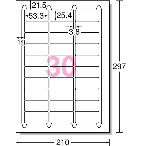 エーワン　ラベルシール［プリンタ兼用］　ハイグレードタイプ　マット紙・ホワイト　Ａ４　３０面　５３.３×２５.４ｍｍ　四辺余白付　角丸　７５２３０　１冊（２０シート）2