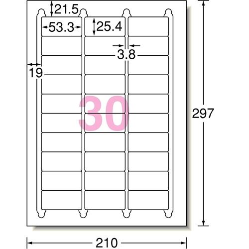 エーワン　ラベルシール［プリンタ兼用］　ハイグレードタイプ　マット紙・ホワイト　Ａ４　３０面　５３.３×２５.４ｍｍ　四辺余白付　角丸　７６２３０　１冊（１００シート）2