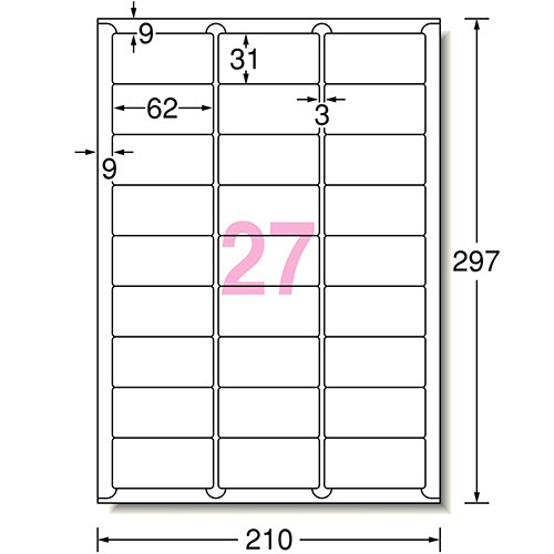 エーワン　ラベルシール［レーザープリンタ］　マット紙・ホワイト　Ａ４　２７面　６２×３１ｍｍ　四辺余白付　角丸　６６２２７　１冊（１００シート）2