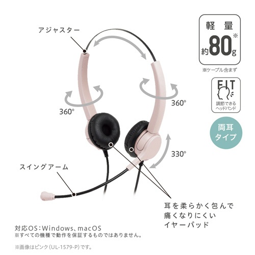 ソニック　ユートリムエル　快適ヘッドセット　両耳　ＵＳＢタイプ　ピンク　ＵＬ－１５７９－Ｐ　１個3