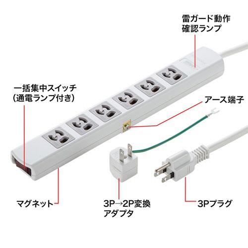 サンワサプライ　雷ガードタップ　３Ｐ・６個口　３ｍ　ホワイト　ＴＡＰ－ＳＰ３６ＭＧ－３　１個3
