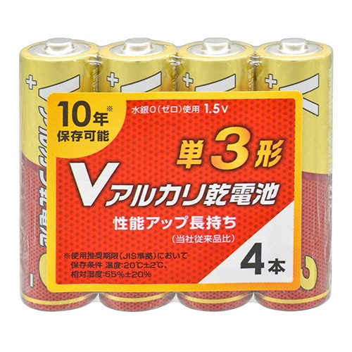 オーム電機　Ｖアルカリ乾電池　１０年保存　単３形　ＬＲ６ＶＳ４Ｐ　１パック（４本）1