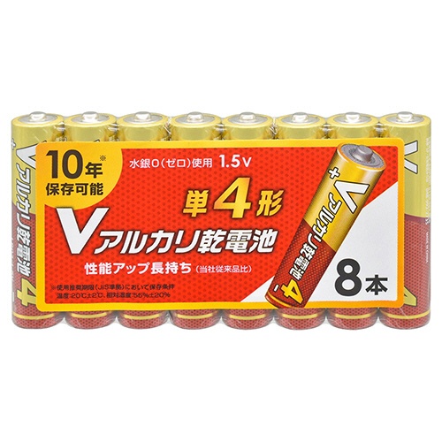 オーム電機　Ｖアルカリ乾電池　１０年保存　単４形　ＬＲ０３ＶＳ８Ｐ　１パック（８本）1
