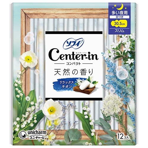 ユニ・チャーム　ソフィ　センターイン　コンパクト１／２　リラックスサボンの香り　多い夜用　スリム　羽つき　３０．５ｃｍ　１パック（１２枚）1