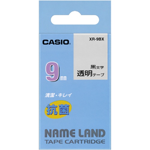 カシオ　ＮＡＭＥ　ＬＡＮＤ　抗菌テープ　９ｍｍ×５．５ｍ　透明／黒文字　ＸＲ－９ＢＸ　１個1