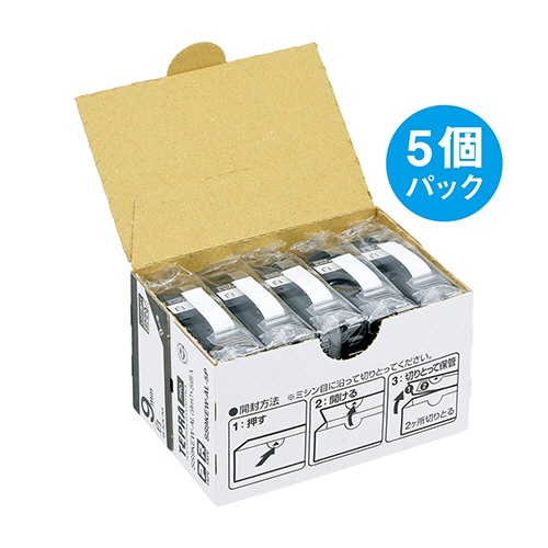 キングジム　テプラ　ＰＲＯ　テープカートリッジ　しっかり貼れてはがせるラベル　９ｍｍ　白／黒文字　ＳＳ９ＫＥＷ－ＡＬ－５Ｐ　１パック（５個）3
