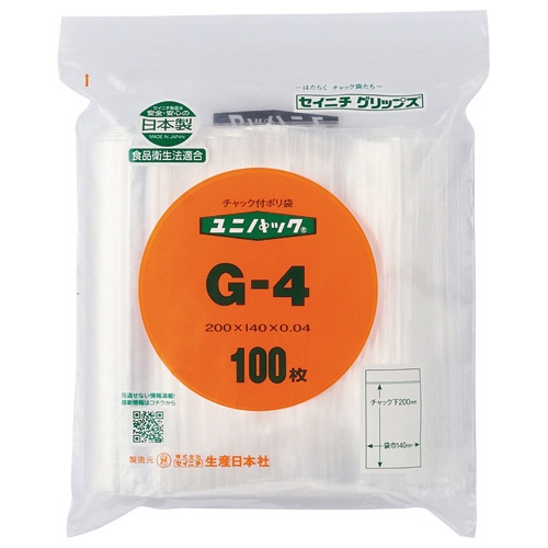 セイニチ　ユニパック　チャック付　ポリエチレン　ヨコ１４０×タテ２００×厚み０．０４ｍｍ　Ｇ－４　１パック（１００枚）1