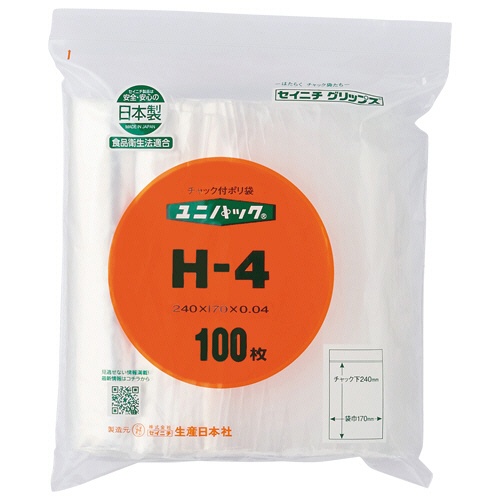 セイニチ　ユニパック　チャック付　ポリエチレン　ヨコ１７０×タテ２４０×厚み０．０４ｍｍ　Ｈ－４　１パック（１００枚）1