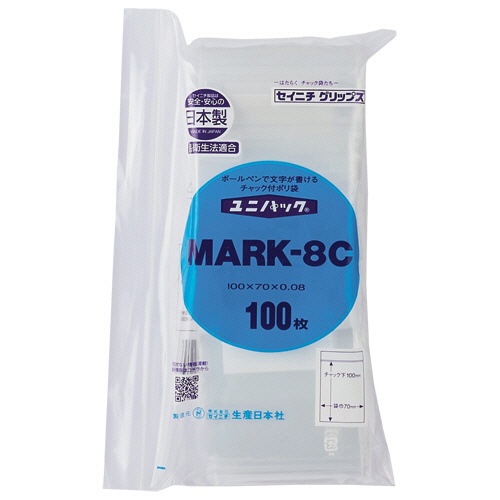 セイニチ　ユニパック　チャック付　ポリエチレン（書き込める白ベタ三ツ窓付）　ヨコ７０×タテ１００×厚み０．０８ｍｍ　ＭＡＲＫ－８Ｃ　１パック（１００枚）1