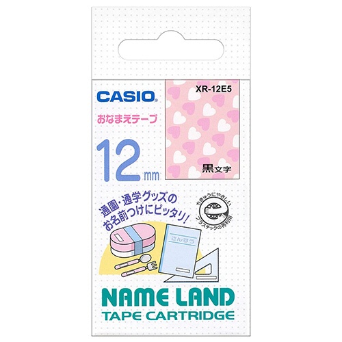 カシオ　ＮＡＭＥ　ＬＡＮＤ　おなまえテープ　１２ｍｍ×４ｍ　ハート柄／黒文字　ＸＲ－１２Ｅ５　１個1