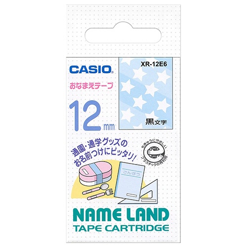 カシオ　ＮＡＭＥ　ＬＡＮＤ　おなまえテープ　１２ｍｍ×４ｍ　星柄／黒文字　ＸＲ－１２Ｅ６　１個1