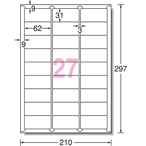 エーワン　ラベルシール［レーザープリンタ］　マット紙・ホワイト　Ａ４　２７面　６２×３１ｍｍ　四辺余白付　角丸　６５２２７　１冊（２０シート）2