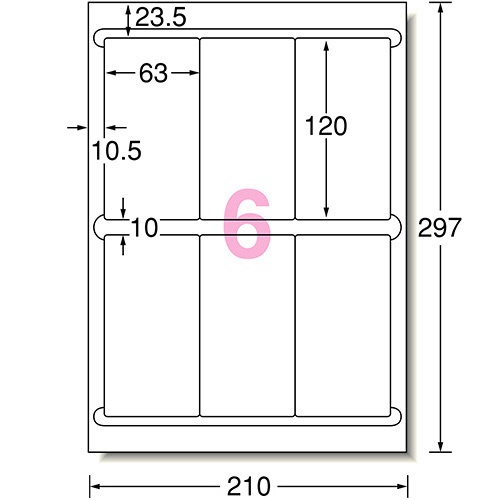 エーワン　ラベルシール［レーザープリンタ］　マット紙・ホワイト　Ａ４　６面　宛名表示用　６３×１２０ｍｍ　四辺余白付　角丸　６６２０６　１冊（１００シート）2