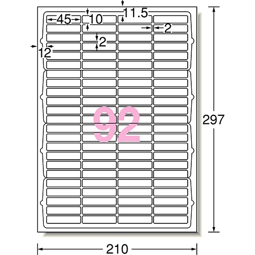 エーワン　ラベルシール［インクジェット］　マット紙・ホワイト　Ａ４　９２面　４５×１０ｍｍ　四辺余白付　角丸　６０２９２　１冊（１０シート）2