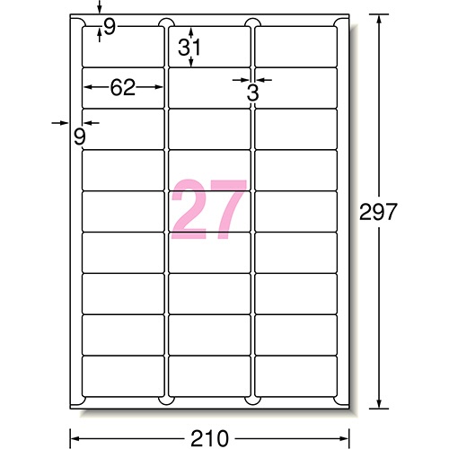 エーワン　ラベルシール［インクジェット］　マット紙・ホワイト　Ａ４　２７面　６２×３１ｍｍ　四辺余白付　角丸　６１２２７　１冊（１００シート）2