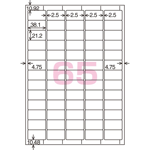 コクヨ　プリンタを選ばない　はかどりラベル（各社共通レイアウト）　Ａ４　６５面　２１．２×３８．１ｍｍ　ＫＰＣ－Ｅ１６５１－２０Ｎ　１冊（２２シート）2