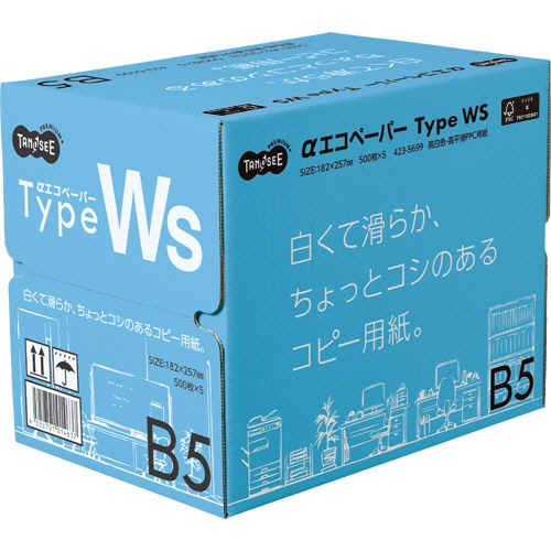 ＴＡＮＯＳＥＥ　αエコペーパー　タイプＷＳ　白くて滑らか、ちょっとコシのあるコピー用紙。　Ｂ５　１箱（２５００枚：５００枚×５冊）1