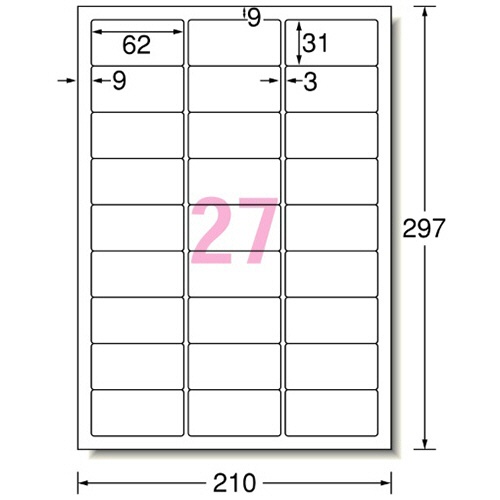 エーワン　ラベルシール［インクジェット］　超耐水マット紙・ホワイト　Ａ４　２７面　６２×３１ｍｍ　四辺余白付　角丸　６２２２７　１冊（２０シート）2