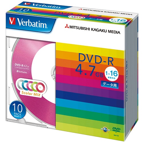 バーベイタム　データ用ＤＶＤ－Ｒ　４．７ＧＢ　１－１６倍速　５色カラーＭＩＸ　５ｍｍスリムケース　ＤＨＲ４７ＪＭ１０Ｖ１　１パック（１０枚：各色２枚）1