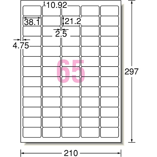 エーワン　スーパーエコノミーシリーズ　プリンタ用ラベル　Ａ４　６５面　３８．１×２１．２ｍｍ　四辺余白付　角丸　Ｌ６５ＡＭ５００Ｎ　１箱（５００シート）2