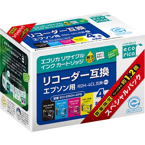 エコリカ　リサイクルインクカートリッジ　（顔料）　［エプソン：ＲＤＨ－４ＣＬ互換］　ＥＣＩ－ＥＲＤＨ－４ＰＳ　１箱（４個：各色１個）1