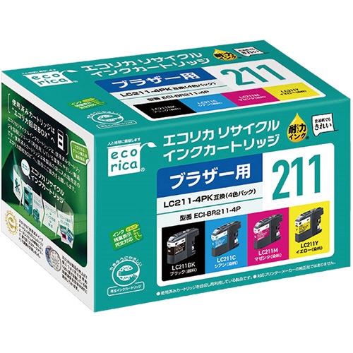 エコリカ　リサイクルインクカートリッジ　４色パック　［ブラザー：ＬＣ２１１－４ＰＫ互換］　ＥＣＩ－ＢＲ２１１－４Ｐ　１箱（４個：各色１個）1