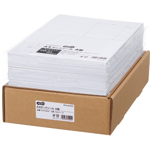 ＴＡＮＯＳＥＥ　Ａ４タックシール　業務用パック　４面　１０５×１４８．５ｍｍ　１箱（５００シート：１００シート×５冊）1