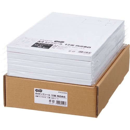 ＴＡＮＯＳＥＥ　Ａ４タックシール　業務用パック　１２面　４２．３×８６．４ｍｍ　四辺余白　１箱（５００シート：１００シート×５冊）1