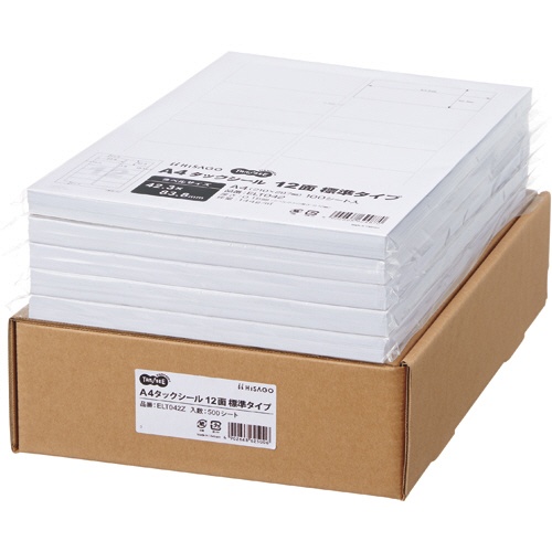 ＴＡＮＯＳＥＥ　Ａ４タックシール　業務用パック　１２面標準タイプ　４２．３×８３．８ｍｍ　１箱（５００シート：１００シート×５冊）1