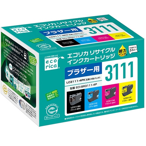 エコリカ　リサイクルインクカートリッジ　４色パック　［ブラザー：ＬＣ３１１１－４ＰＫ互換］　ＥＣＩ－ＢＲ３１１１－４Ｐ　１箱（４個：各色１個）1