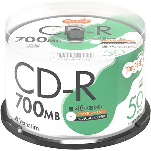 ＴＡＮＯＳＥＥ　バーベイタム　データ用ＣＤ－Ｒ　７００ＭＢ　４８倍速　ホワイトワイドプリンタブル　スピンドルケース　ＳＲ８０ＦＰＷ５０Ｔ２　１パック（５０枚）1