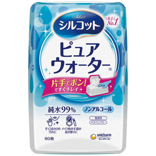 【クリックで詳細表示】ユニ・チャーム シルコットウェットティッシュ ピュアウォーター 本体 1個(60枚) 329407