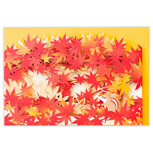 ホールマーク　秋柄立体カード　カーブレーザー紅葉とリス　１枚1