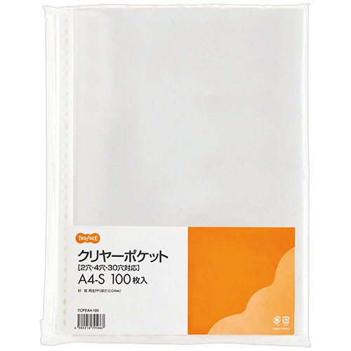 ＴＡＮＯＳＥＥ　クリヤーポケット　Ａ４タテ　２・４・３０穴　１パック（１００枚）1