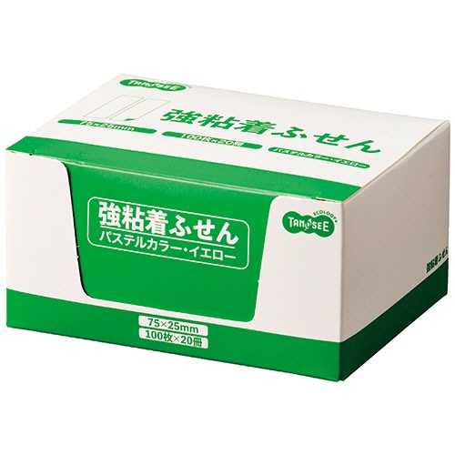 ＴＡＮＯＳＥＥ　強粘着ふせん　７５×２５ｍｍ　パステルカラー・イエロー　１パック（２０冊）2