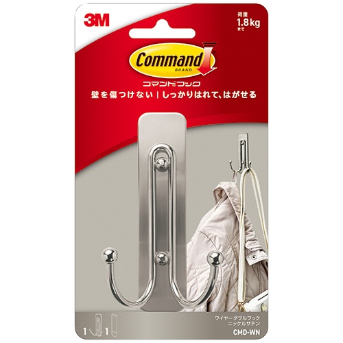 ３Ｍ　コマンドフック　ダブルフック　ニッケルサテン　（フック１個＋タブ２枚）　ＣＭＤ－ＷＮ　１パック2