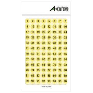 エーワン　特殊ラベル　丸型　数字　直径９ｍｍ　蛍光黄（黒文字）　「１－１００」各４片　０８０８５　１パック1